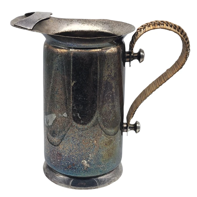 VINTAGE Silver Plate Water Pitcher Rattan Handle NO MONOGRAM