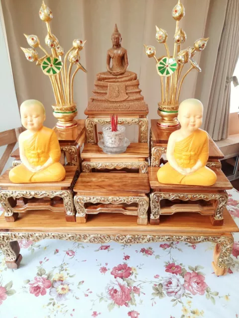 Teak Wood Table Thai Buddha Set 9 Altar Worship Hand Carved Brown Gold Home Deco
