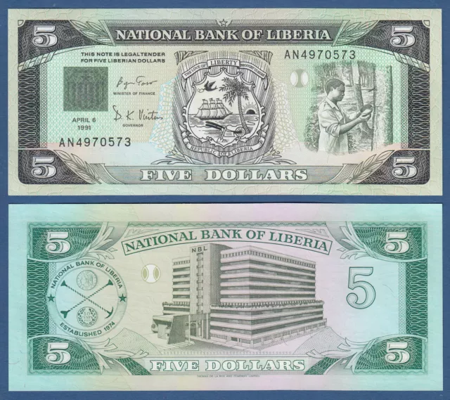 LIBERIA  5 Dollars  1991  UNC  P. 20