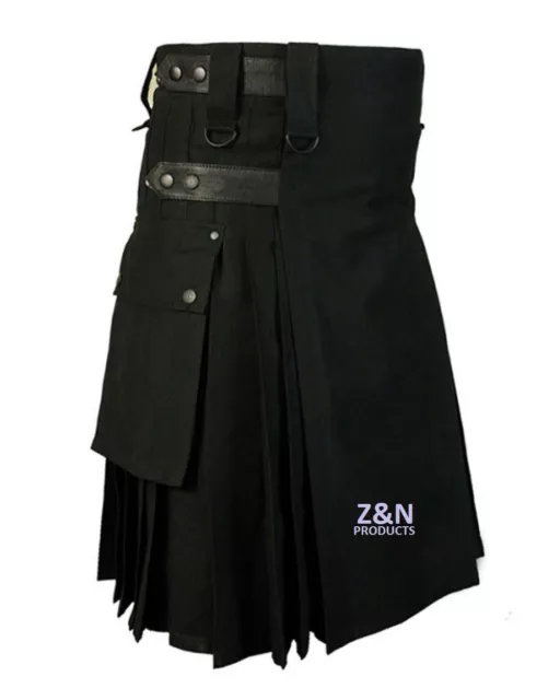 Men's Black Cotton, Leather Straps, Fashion Sport Utility Kilt, Adjustable Sizes