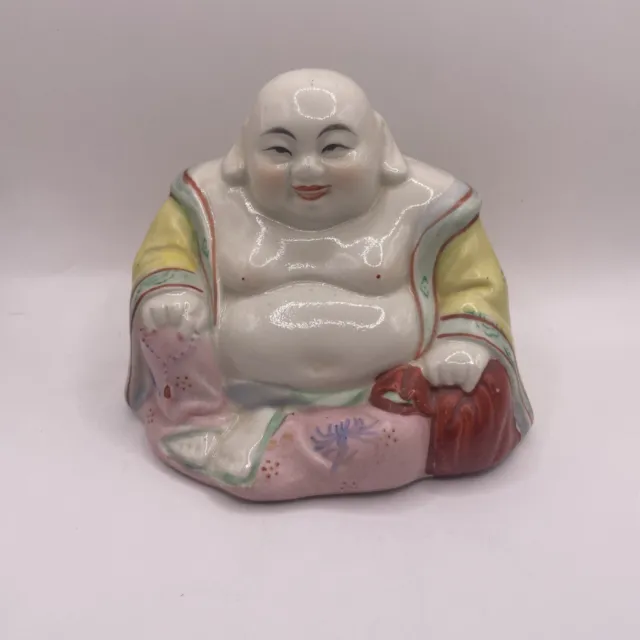 Chinese Famille Rose Porcelain Happy Laughing Buddha Figurine VTG