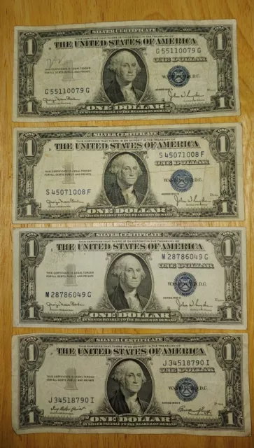 Us $1 One Dollar Bills 1935-E & D Silver Certificates Set Of 4 Blue Seal Notes