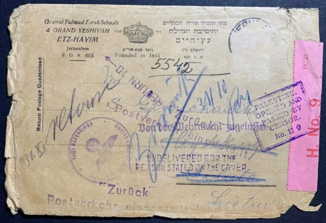 UNIQUE WWII 1939 Palestine cover to Nazi Germany received, processed & returned