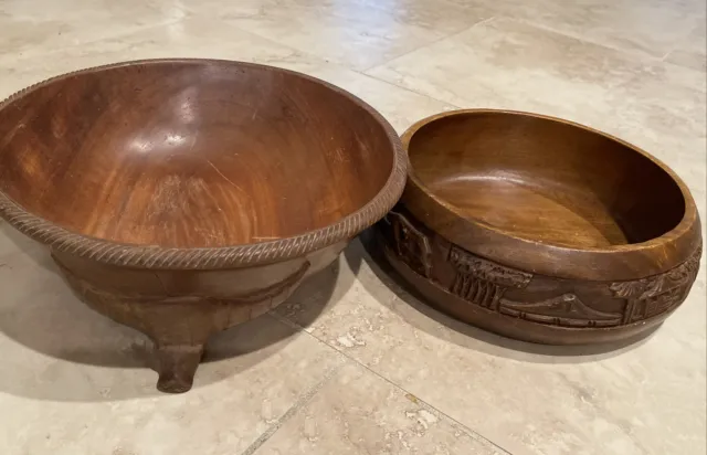 Vintage Hand Carved XLarge Wooden Round Serving Bowls x 2, 13” & 10” Diameter