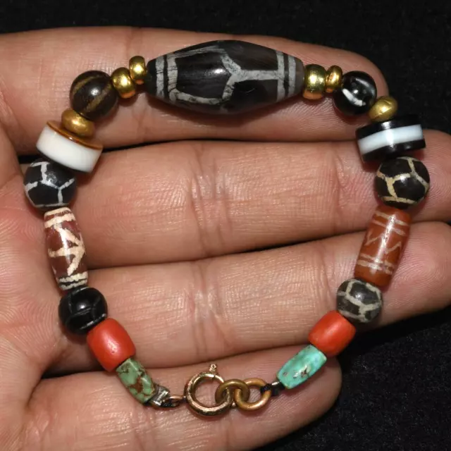 Ancient Tibetan Etched Carnelian & Agate Pumtek longevity Dzi bead Bracelet