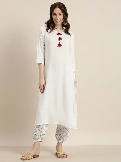 Indian Beautiful Solid White Straight Tassel Kurti With Printed Salwar Kameez