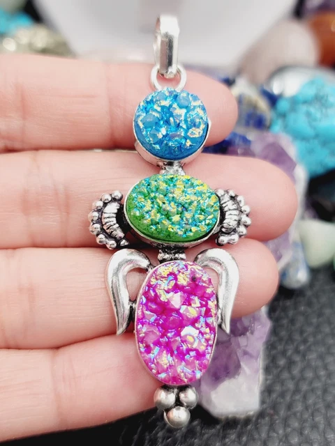 Drusy Solar Quartz "Blue, Green, Blue," 925 Sterling Silver PENDANT "Chain 20"