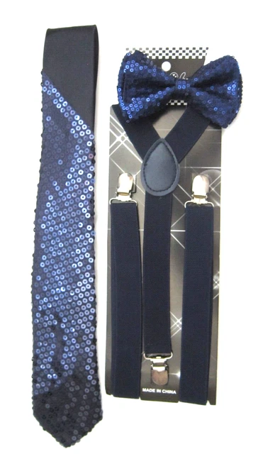 Navy Blue Sequin Bow tie Sequin Y-Back Suspenders,&3"W Navy Blue Sequin Necktie