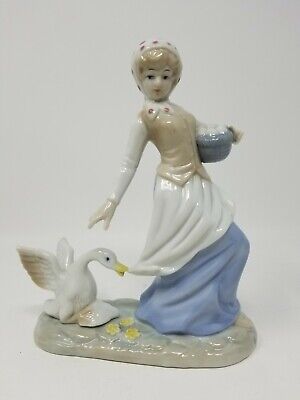 Vintage Lenwile Ardalt Porcelain China Figurine Girl with Eggs and Goose Taiwan