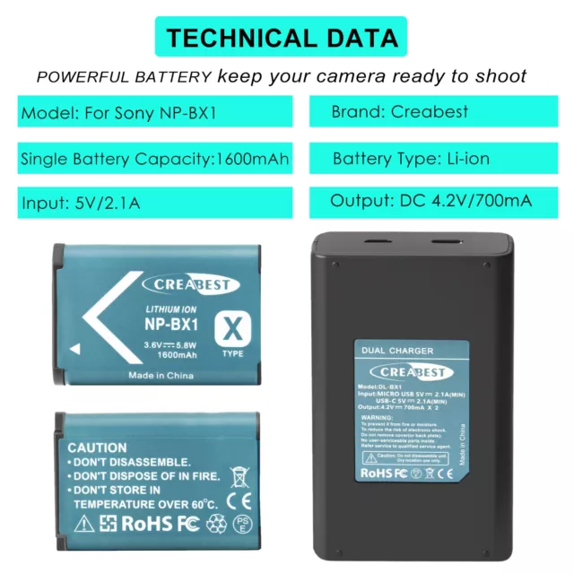 2x NP-BX1 Batteria per Sony Cyber-shot DSC-RX100 HX60 HX80 HDR-AS20 + Doppio Caricabatterie 6