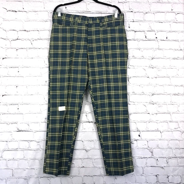 Vintage Kings Road Pants Mens 36x29 Blue Green Plaid Straight Leg Polyester 70s