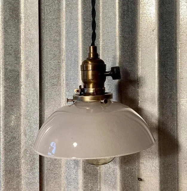 Antique hanging pendant light brass Early 1900’s Frosted glass shade And Socket