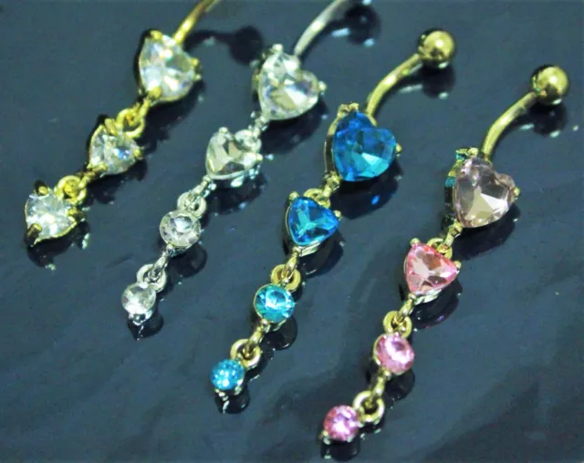 Gold Love Heart Dangle Crystal Gem Navel Belly Ring Body Piercing Jewelry Bar