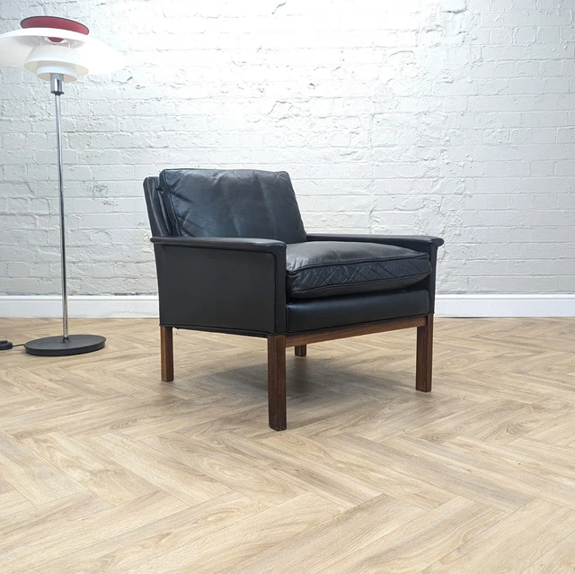 Mid-Century Vintage Retro Swedish Black Leather & Rosewood Lounge Armchair 1960s