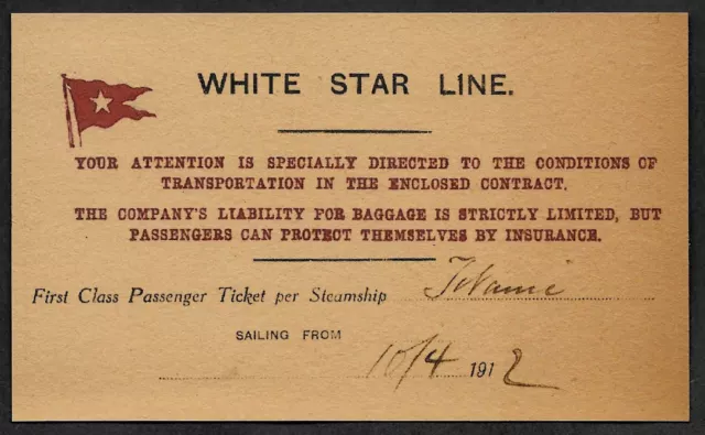 Titanic White Star Line Reprint Ticket On Original Period 1912 Paper *001