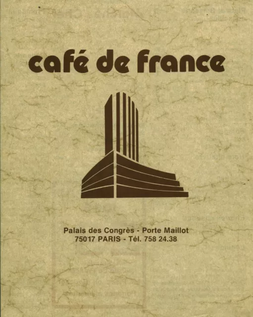 Menu ancien café de France Porte Maillot Palais des Congrès Paris