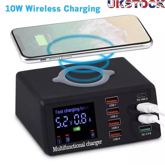 100W 8 Ports USB QC 3.0 Fast PD Quick Adapter Wireless Charging Station UK