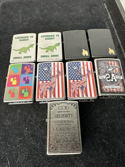 9 Unused Zippo Lighters License To Carry Small Arms, Flag, Serenity Prayer ++