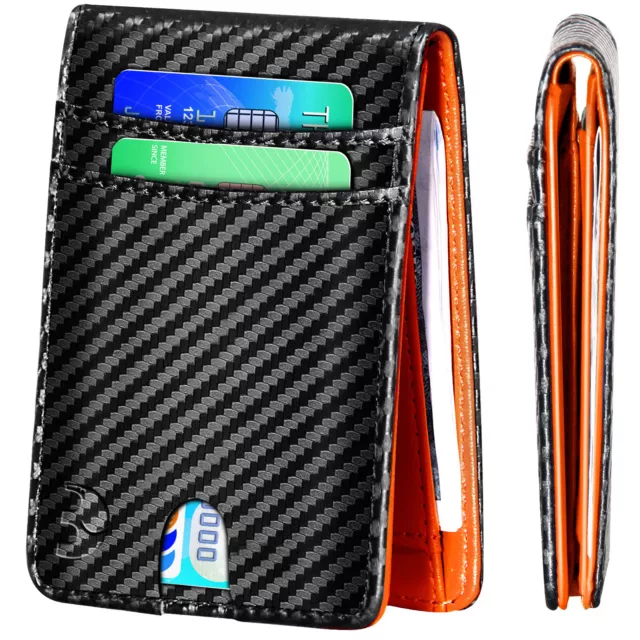 Slim Mens Wallet Carbon Fiber Leather RFID Blocking Bifold Credit Card Holder
