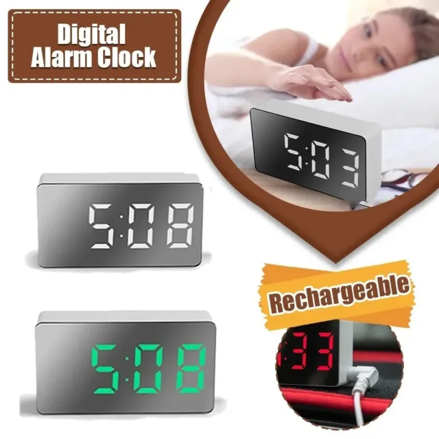 LED Digital Mirror Table Clock Alarm Snooze Display Desktop USB Time Night light