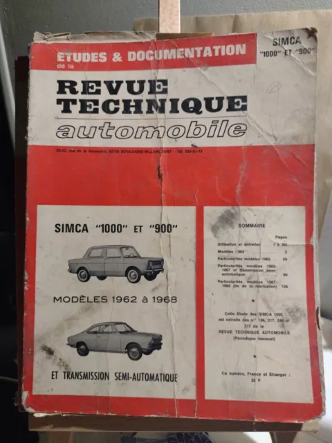 Revue technique automobile RTA SIMCA 1000 et 900 modèle 1962 à 1968