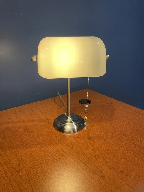 Vtg▪︎ 15" High▪︎BRASS BANKERS Desk Piano LAMP Off White Shade