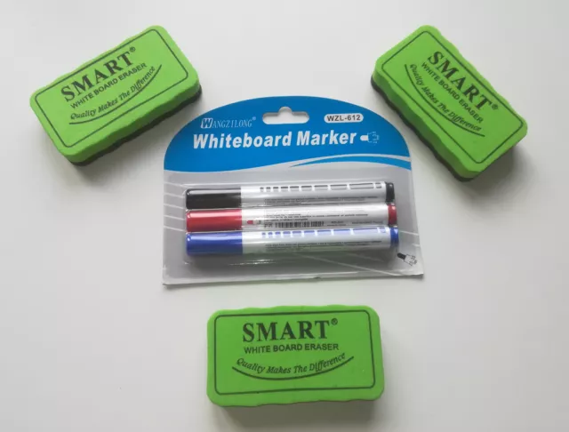 3x Whiteboard magnetisch Schwamm + 3x Stift  für Weißwandtafel Eraser Löscher