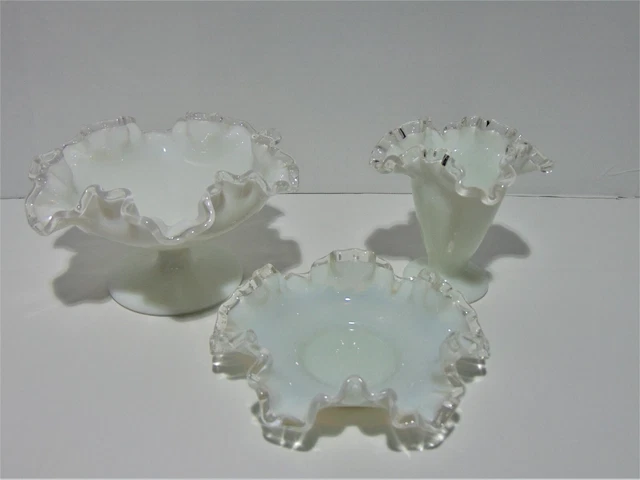 Fenton Silvercrest Ruffled Art Glass Vase, Pedestal Bowl and Shallow Bowl/Dish