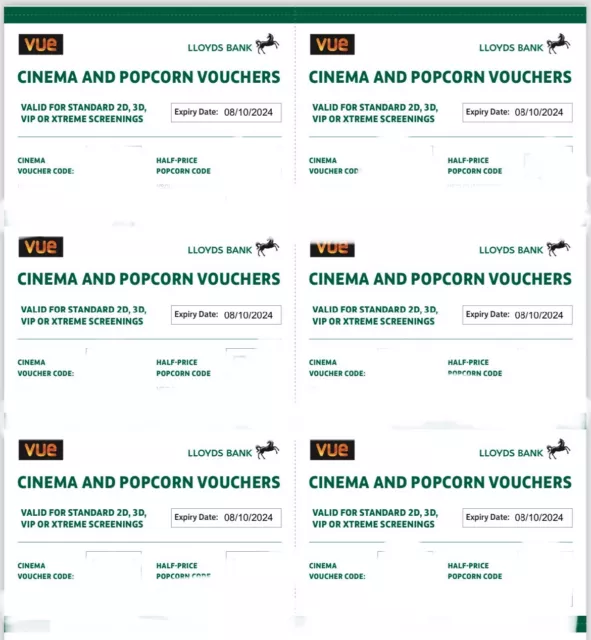 6 x Vue Cinema Tickets and Half Price popcorn valid until 08/10/2024