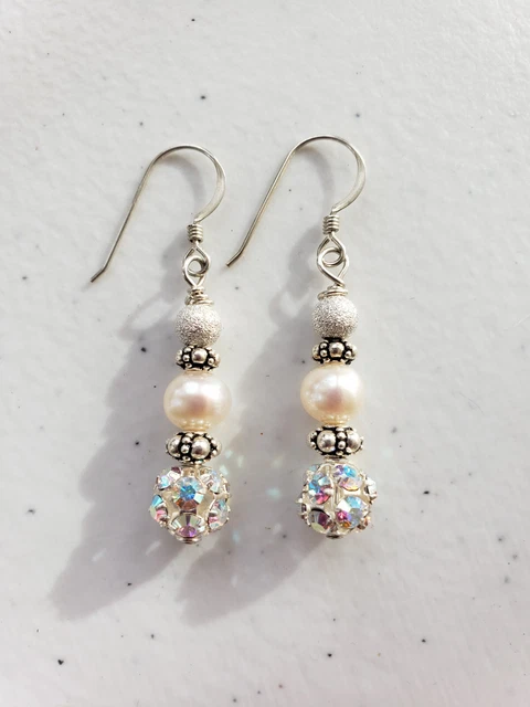 Beautiful Pearl & Swarovski Crystal with Sterling Silver Earrings