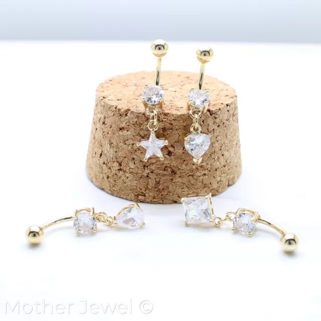 14K Yellow Gold Triple Plated Dangle Simulated Diamond Belly Navel Barbell Ring