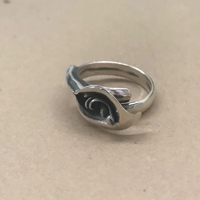 Mexican 925 Silver CALLA LILIE Flower Oxidized Handcrafted Adjustable Ring Sz  8
