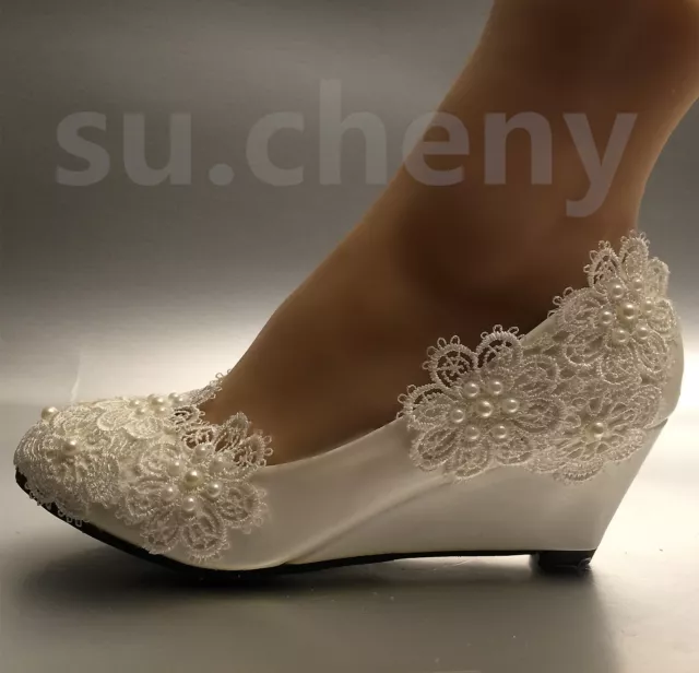 su.cheny White ivory pearls lace snowflakes WEDGE Wedding Bridal shoes size 5-11 2