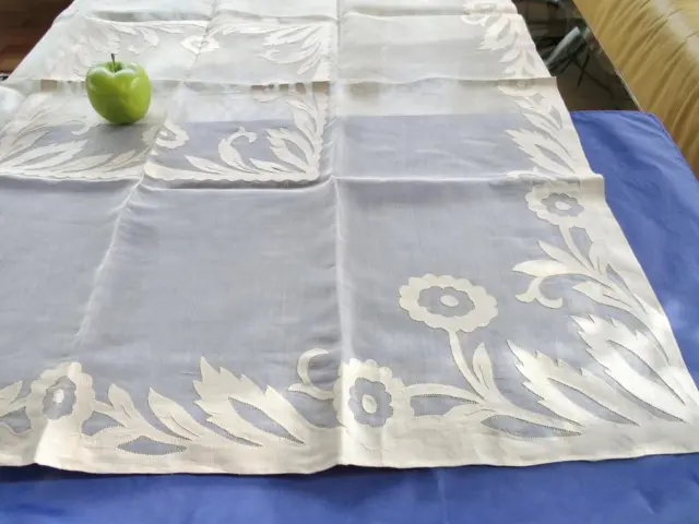 VTG Unused Madeira Ecru Organdy Tablecloth 6 Napkins Hand Applique Bold Flowers