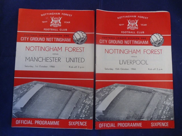 2 Nottingham Forest Football Programmes 1966.Manchester Utd Liverpool.Division 1