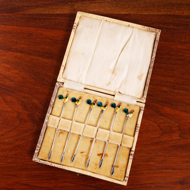 6 A. Scott English Sterling Silver Gilt & Enamel Hors D'oeuvres Picks Roosters