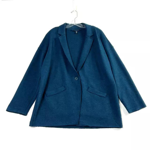 Eileen Fisher Long Sleeve Boiled Wool Button Jacket Coat Teal Blue Womens Large