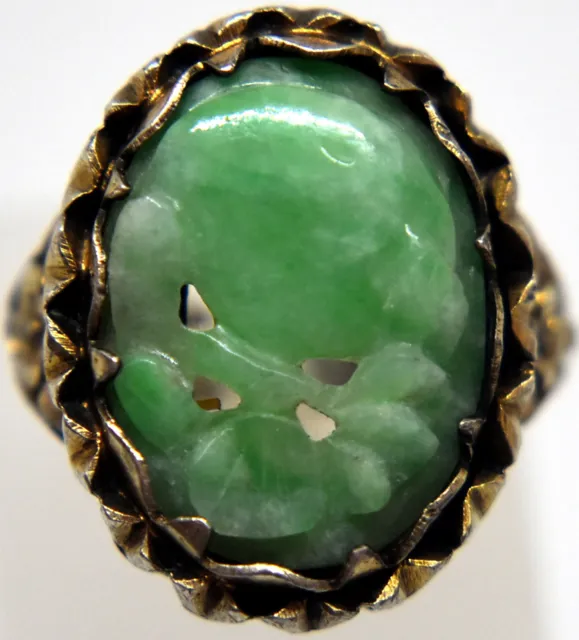 Antique Chinese Silver and Natural Jade Ring Size 4 - 5.5 (Adjustable)