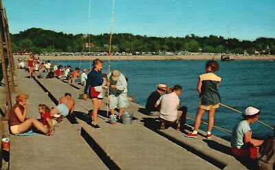 Vintage Postcard Perch Fishing South Pier Cool Breeze Grand Haven Michigan MI