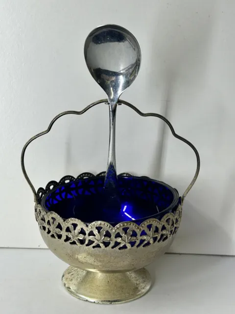Vintage Ornate Silver Plate and Cobalt Glass Sugar Bowl with Spoon