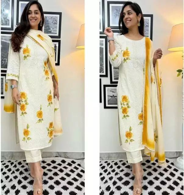 Blanc Floral Poulet Coton Brodé Kurta Main Imprimé Kurti Pantalon Dupatta