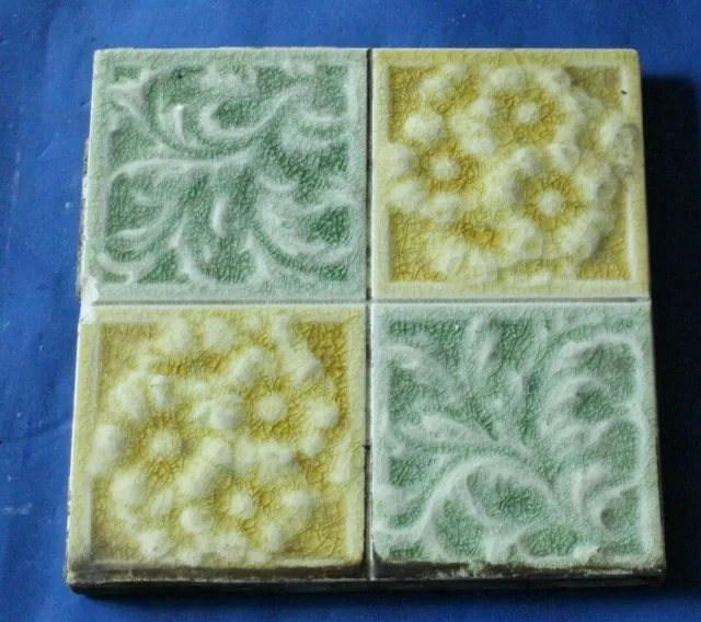 ART NOUVEAU ENGLISH RAISED MAJOLICA FLORAL DESIGN TILE YELLOW AND CELADON j