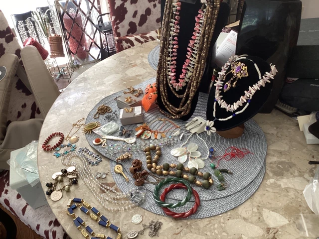 Vintage 45 pc Jade Art Deco Jewelry Lot w/ Sterling Silver & Shell Jewelry etc