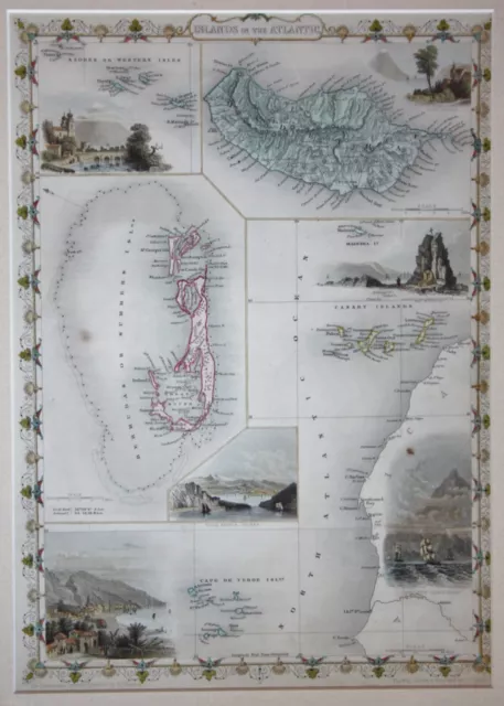 Original antique map of the ISLANDS IN THE ATLANTIC Rapkin & Tallis 1851