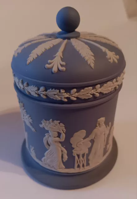 Antique Wedgwood White On Blue Jasperware Cylinder Box With Lid Tea Candy... 3