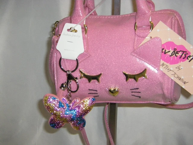 Betsey Johnson LB HARLY MINI Barrel Crossbody Bag Pink Glitter & Butterfly Fob