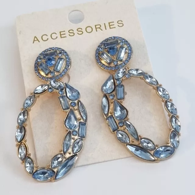 Fashion Jewellery Earrings Large Oval Blue   Glass Sparkling Earrings