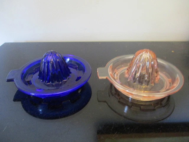 2 Vintage Hand Juicer Juice Reamer Mosser Pink Cobalt Glass Depression Style