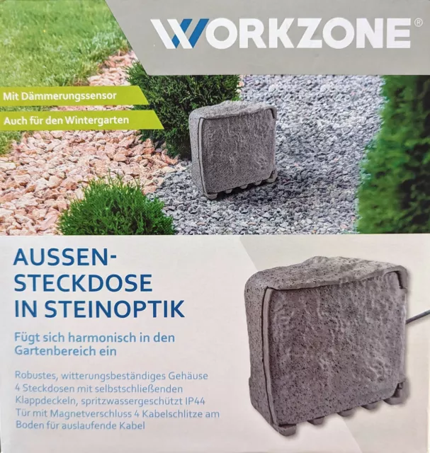 Workzone Aussensteckdose Steinoptik 4-fach Gartensteckdose mit Dämmerungssensor