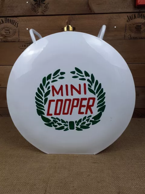 Retro vintage style white Mini Cooper Oil petrol can Round shaped